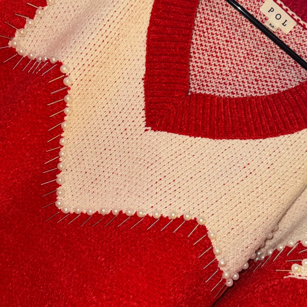 POL Women Red Cream Oversized Chenille Sweater Embellished Pearl Silver Accents - Picture 5 of 9